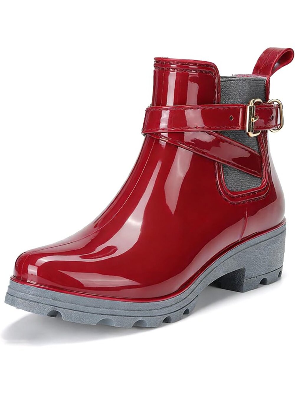 Women's Red PVC Platform Lug Sole Chelsea Ankle Rain Boots with Buckle Pull On